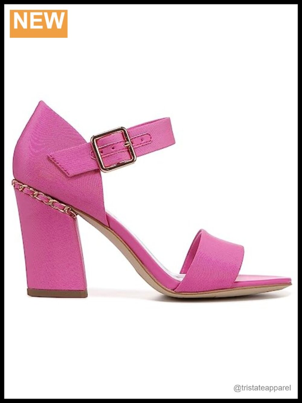 Faux Leather Round Toe Block Heel Sandals with Chain Detail